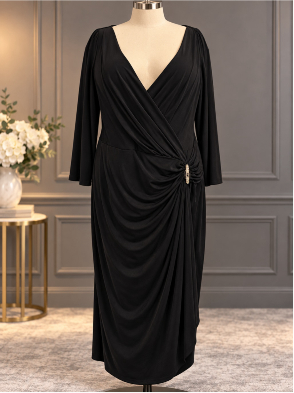 Lauren Ralph Lauren Black Ruched Surplice Rhinestone Dress Plus 24W
